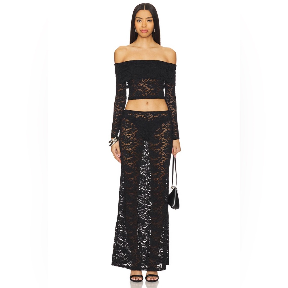 NWT Superdown Parise Maxi Set Stretch Lace Sexy Top + Skirt Black XS HTF